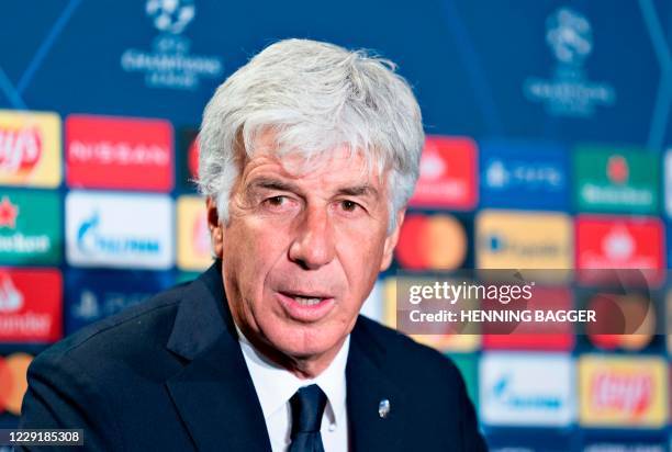 Atalanta's Italian head coach Gian Piero Gasperini addresses a press conference on the eve of the UEFA Champions League group D football match FC...