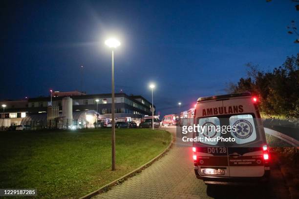 Queues of ambulances near Hospitals In Wroclaw, Poland on October 20, 2020. Due to the Covid -19 epidemic in Wroclaw, the queues of ambulances at...