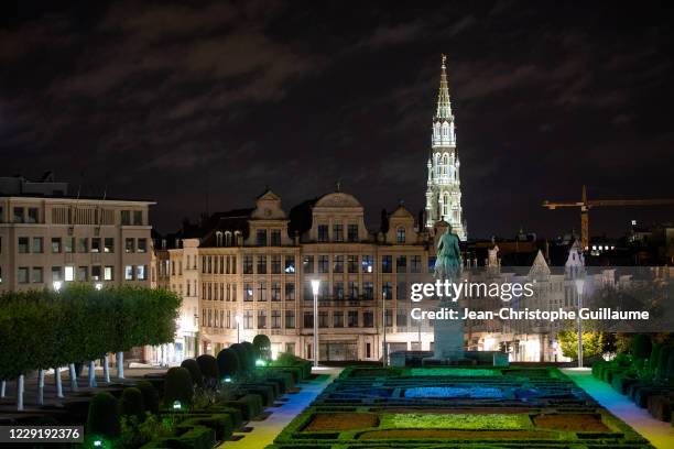 View of the Mont des Arts and the spire of the Brussels Town Hall on October 20, 2020 in Brussels, Belgium. Bars and restaurants in Brussels have...
