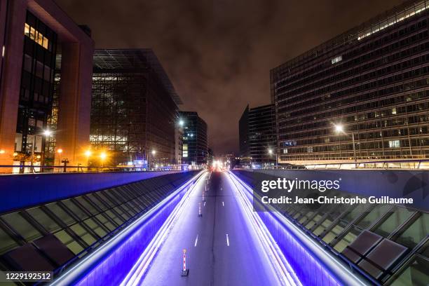 View from the schuman roundabout on the deserted rue de la loi on October 20, 2020 in Brussels, Belgium. Bars and restaurants in Brussels have been...