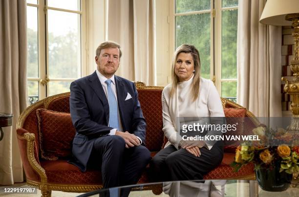 Dutch King Willem-Alexander and Queen Maxima take part in the recording of a personal video message in which the king discusses the cancellation of...