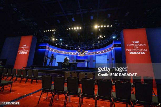 The stage for the final presidential debate of the US 2020 presidential elections is being tested for light and sound at Belmont University on...