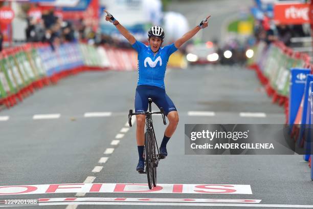 Team Movistar's Spanish rider Marc Soler celebrates as he wins the 2nd stage of the 2020 La Vuelta cycling tour of Spain, a 151,6-km race from...