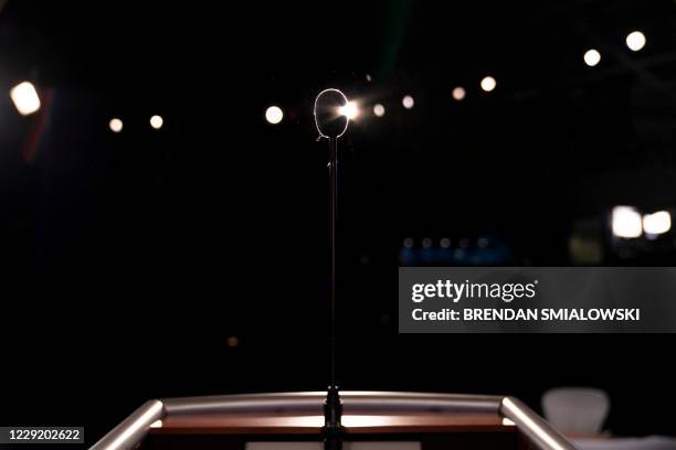 View of US President Donald Trump's microphone on the debate set is seen as preparations are made for the final US Presidential debate between...