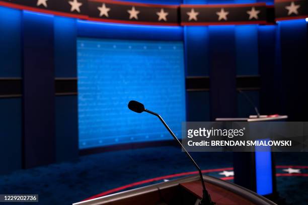 View of US President Donald Trump's microphone on the debate set is seen as preparations are made for the final US Presidential debate between...