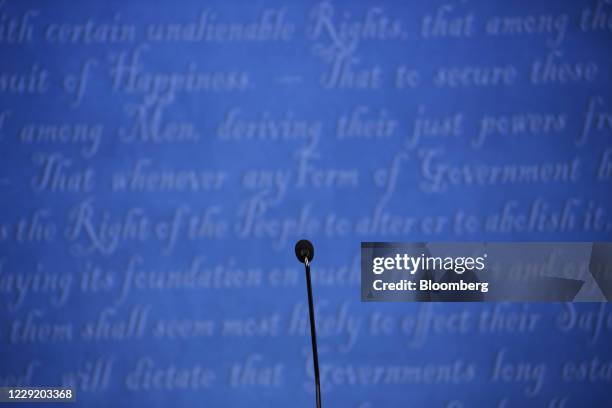 Podium microphone in the debate hall ahead of the final U.S. Presidential debate at Belmont University in Nashville, Tennessee, U.S., on Wednesday,...