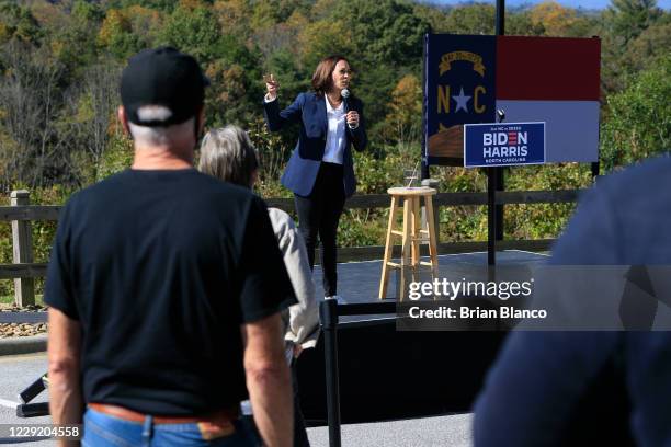 Democratic vice presidential nominee Sen. Kamala Harris addresses supporters during a "get out the vote" event at the University of North Carolina...