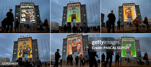 This combination of photographs created on October 21 shows cartoons of French satirical weekly newspaper Charlie Hebdo being projected onto the...