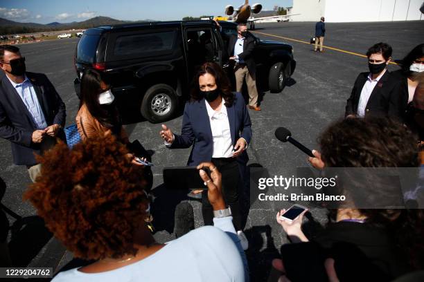 Democratic vice presidential nominee Sen. Kamala Harris addresses members of the media at Asheville Regional Airport on October 21, 2020 in...