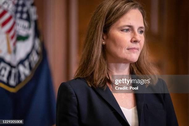 Supreme Court nominee Judge Amy Coney Barrett meets with U.S. Sen. James Lankford on October 21, 2020 in Washington, DC. President Donald Trump...