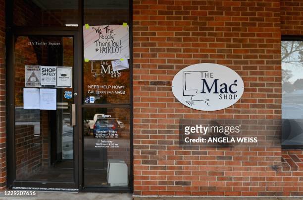 An exterior view of "The Mac Shop" in Wilmington, Delaware is seen on October 21, 2020. - The New York Post last week revived allegations against...