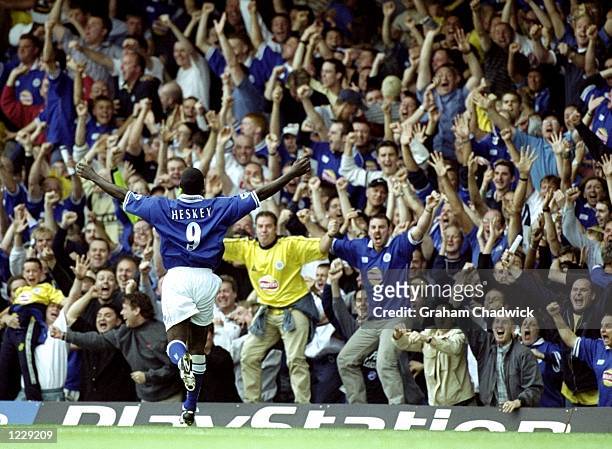 Emile Heskey of Leicester City runs towards the crowd to celebrate his goal during the FA Carling Premiership match against Chelsea played at Filbert...