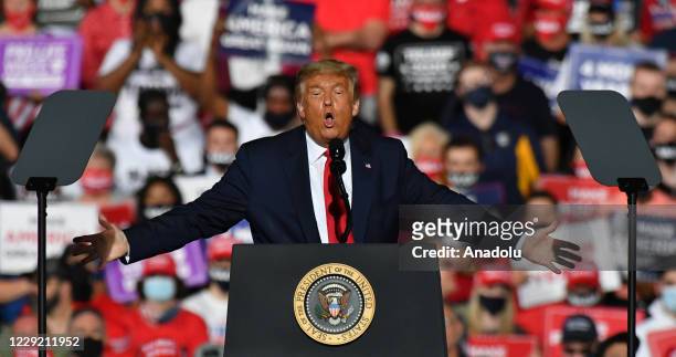 President Donald Trump addresses the crowd at a Make America Great Again event at Gastonia Municipal Airport on October 21, 2020 in Gastonia, North...