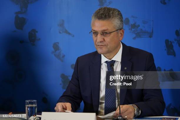 Lothar Wieler, head of the Robert Koch Institute, Germany's leading institute on infectious diseases, speaks to the media on October 22, 2020 in...