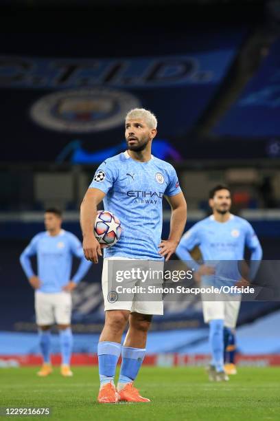 Sergio Aguero of Man City holds the ball during the UEFA Champions League Group C match between Manchester City and FC Porto at Etihad Stadium on...