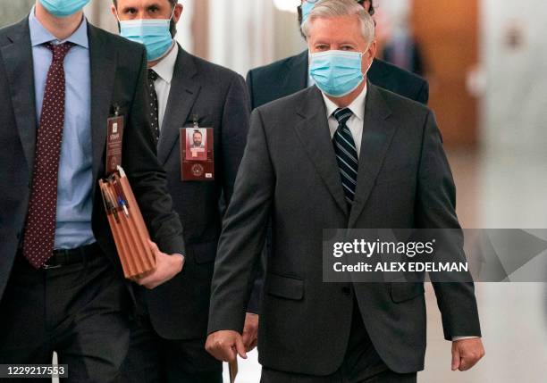 Senator Lindsay Graham, Republican of South Carolina, and Chairman of the Senate Judiciary Committee, arrives for the committe vote on the...