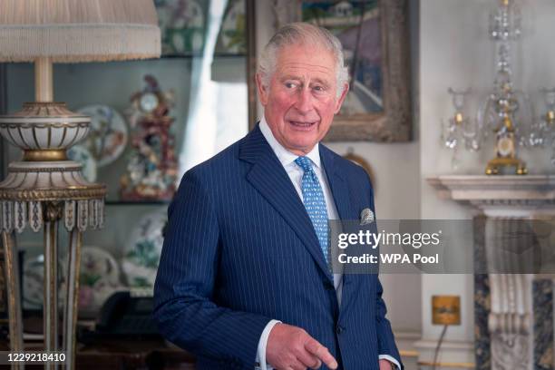 Prince Charles, Prince of Wales seen during his meeting with Iraqi Prime Minister Mustafa Al-Kadhimi at Clarence House on October 22, 2020 in London,...