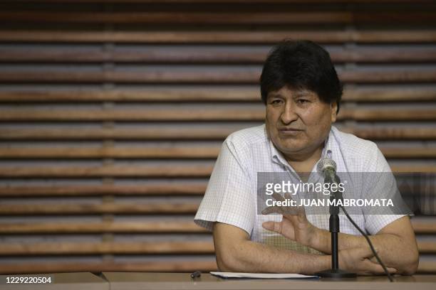 Former Bolivian President Evo Morales speaks during a press conference in Buenos Aires, on October 22 amid the coronavirus pandemic. - International...