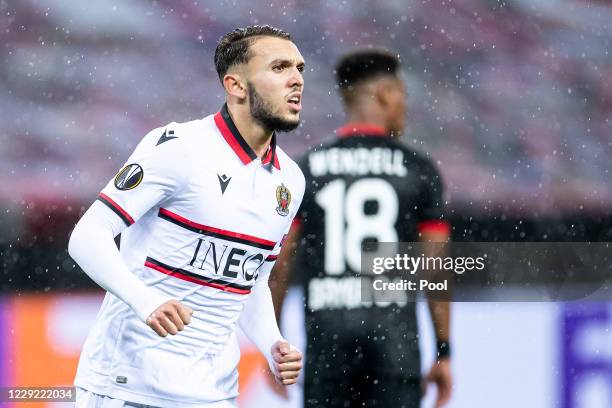 Nice's goal scorer Amine Gouiri cheers after his goal to make it 2-1 during the UEFA Europa League Group C stage match between Bayer 04 Leverkusen...