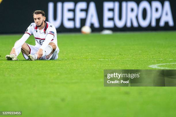 Amine Gouiri of OGC Nice reacts after the UEFA Europa League Group C stage match between Bayer 04 Leverkusen and OGC Nice at BayArena on October 22,...