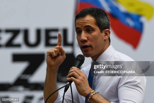 Venezuelan opposition leader Juan Guaido delivers a speech during a rally on the launch of the campaign "Venezuela raises its voice" in Caracas, on...