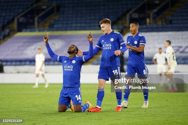 Kelechi Iheanacho of Leicester City celebrates after scoring to make it 3-0 during the UEFA Europa League Group G stage match between Leicester City...