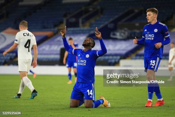 Kelechi Iheanacho of Leicester celebrates scoring their 3rd goal during the UEFA Europa League Group G match between Leicester City and Zorya Luhansk...