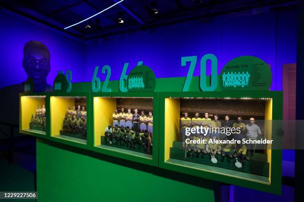 Photos of Brazilian National team through the years are displayed at the 'Pelé 80 o Rei do Futebol' exhibit in the Museu do Futebol on October 22,...