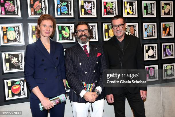 Katrin Richter, Artist Mauro Bergonzoli and Willi Bonke during the opening of the 3rd art & coffee exhibition "Amore" by artist Mauro Bergonzoli at...