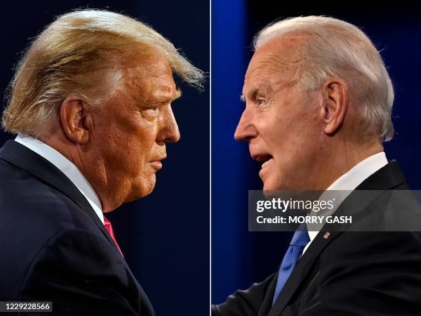 This combination of pictures created on October 22, 2020 shows US President Donald Trump and Democratic Presidential candidate and former US Vice...