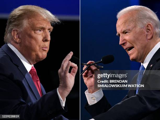 This combination of pictures created on October 22, 2020 shows US President Donald Trump and Democratic Presidential candidate and former US Vice...