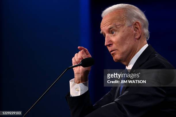 Democratic Presidential candidate and former US Vice President Joe Biden gestures as he speaks during the final presidential debate at Belmont...