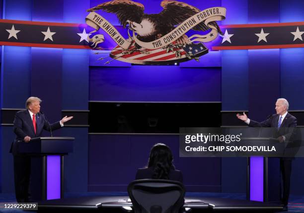 President Donald Trump , Democratic Presidential candidate former US Vice President Joe Biden and moderator, NBC News anchor, Kristen Welker...