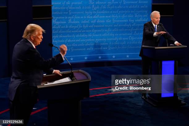 President Donald Trump, left, and Joe Biden, 2020 Democratic presidential nominee, speak during the U.S. Presidential debate at Belmont University in...