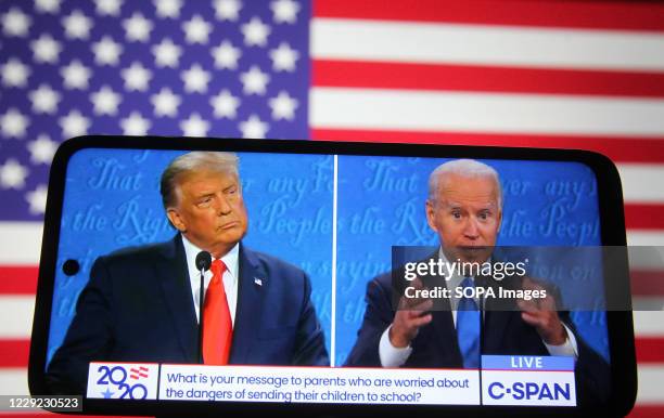 In this photo illustration the US President Donald Trump and Democratic presidential candidate and former US Vice President Joe Biden are seen during...