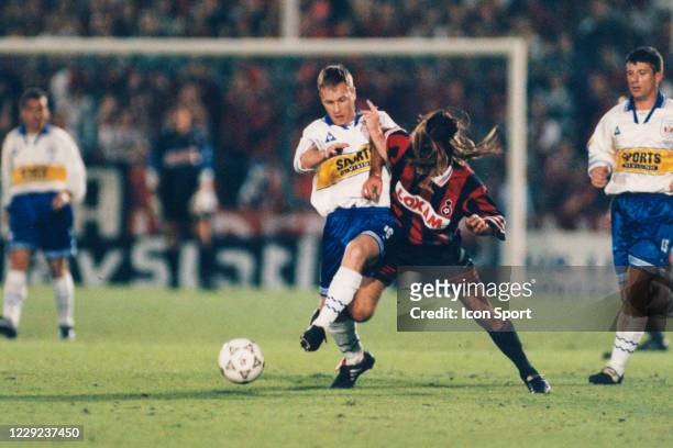 Marc REILLY of Kilmarnock and Dominique AULANIER of Nice during the Cup Winners Cup match between OGC Nice and Kilmarnock, at Ray Stadium, Nice, on...
