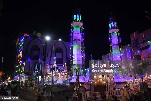 Mosque is illuminated with colorful decoration lights for the celebrations for Mawlid al-Nabi, birth anniversary of Muslims' beloved Prophet Mohammad...