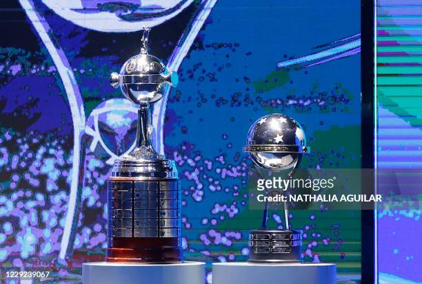 Picture of the Copa Libertadores and Copa Sudamericana trophies taken during the draw for the next rounds of the football tournaments at the South...