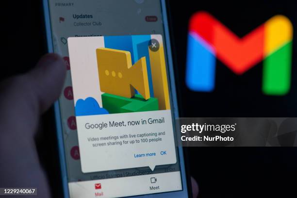 An user opening new Gmail App with the new logo and Google Meet in L'Aquila, Italy, on October 23, 2020. After seven years Google Mail Gmail changes...