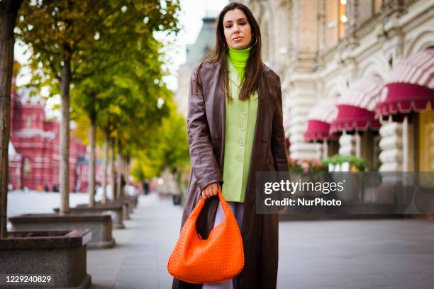 People take part in the Street Style Mercedes Benz-Fashion Week Russia Spring/Summer 2021 on October 23, 2020 in Moscow, Russia.