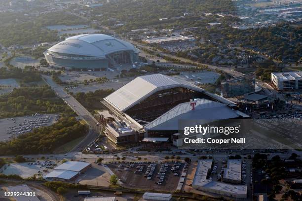 An aerial view of Globe Life Field and AT&T Stadium before Game 2 of the 2020 World Series between the Los Angeles Dodgers and the Tampa Bay Rays at...