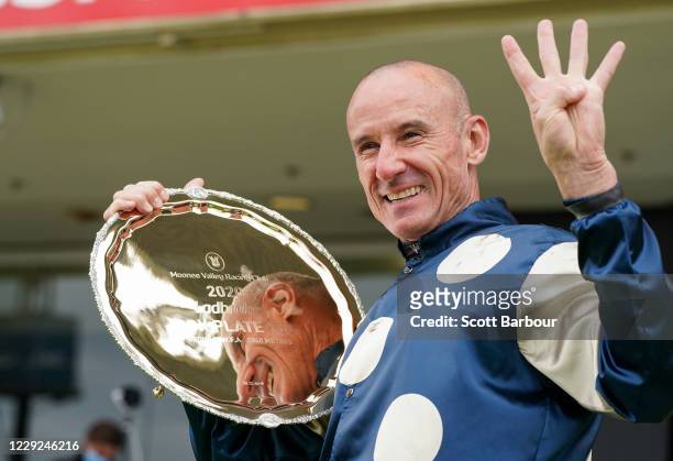 Glen Boss with the plate after winning the Ladbrokes Cox Plate at Moonee Valley Racecourse on October 23, 2020 in Moonee Ponds, Australia.