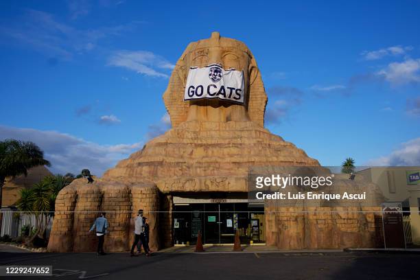Go Cats sign is seen at the Sphinx hotel prior to the start of the AFL finals on October 24, 2020 in Geelong, Australia. The Geelong Cats take on...