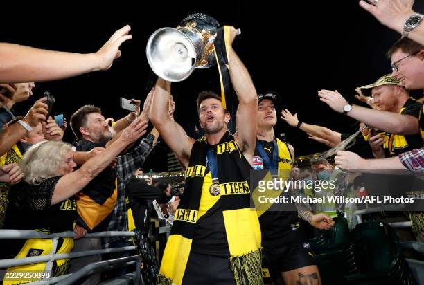 Trent Cotchin and Dustin Martin of the Tigers celebrate during the 2020 Toyota AFL Grand Final match between the Richmond Tigers and the Geelong Cats...