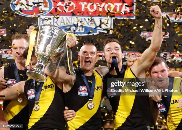 Dustin Martin and Noah Balta of the Tigers celebrate during the 2020 Toyota AFL Grand Final match between the Richmond Tigers and the Geelong Cats at...