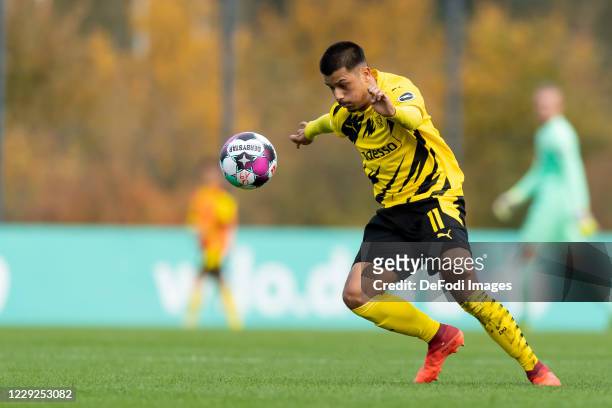 Lion Semic of Borussia Dortmund U19 controls the ball during the Junior Bundesliga West match between Borussia Dortmund and Rot-Weiss Essen on...