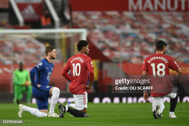 Chelsea's German striker Timo Werner, Manchester United's English striker Marcus Rashford and Manchester United's Portuguese midfielder Bruno...