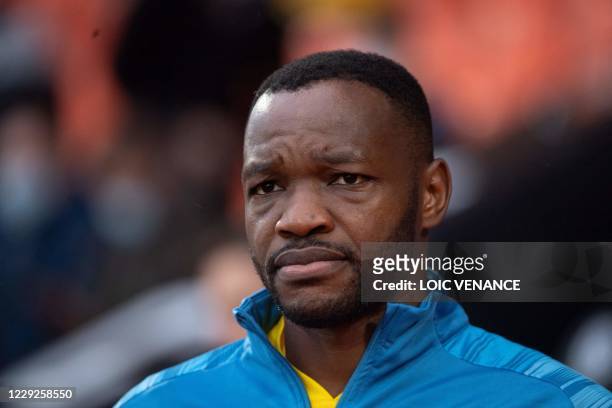 Marseille's French goalkeeper Steve Mandanda arrives prior to the French L1 football match between Lorient and Marseille at the Moustoir stadium in...