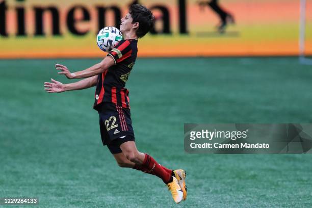 Jurgen Damm of Atlanta United controls the ball with his chest during the second half of a game against the D.C. United at Mercedes-Benz Stadium on...