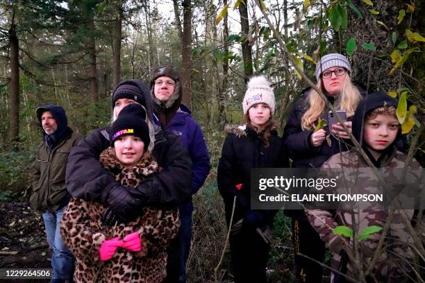 Neighbors look on in the early morning hours as Washington State Department of Agriculture workers vacuum a nest of Asian giant hornets from a tree...